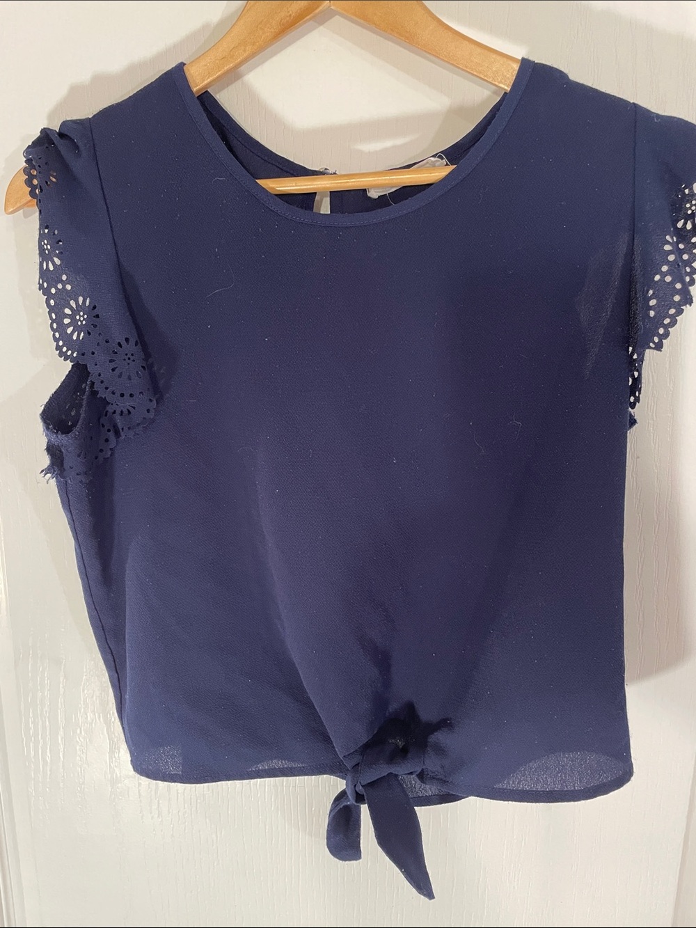 Navy Tie-Front Flutter Sleeve Blouse - Women